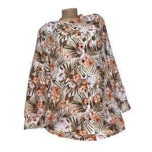 Lands' End‎ Women's Size 1X Plus Linen Tropical Button Up Tunic Pockets Blouse